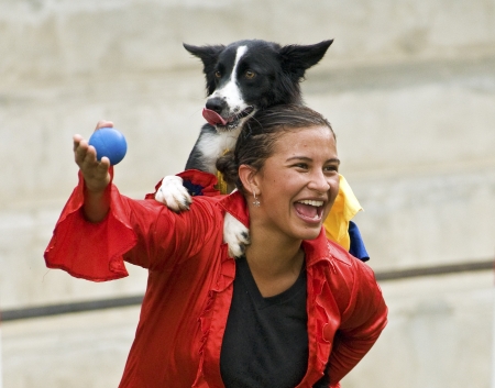QUIMBAYA, COLOMBIA - AUGUST 12: Border Collie dog and trainer performing tricks on August 12, 2012 in Quimbaya, Colombia. Border Collie dogs are known to be one of the most intelligent dog breeds.のeditorial素材