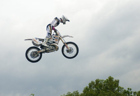 MEDELLIN, COLOMBIA - APRIL 24: Motocross rider making a high jump on the Two Wheels Fair, on April...