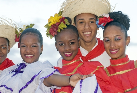 SANTO DOMINGO, DOMINICAN REPUBLIC - NOV 23  Unidentified folkloric dancers ready to perform in the public Colonial Festival on November 23, 2013 in Sto Domingo, Dominican Republic  のeditorial素材