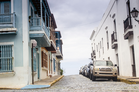SAN JUAN, PUERTO RICO - APRIL 4 Cobblestone street and Historic Buildings at the center of the Old San Juan on April 4, 2014 in San Juan, Puerto Ricoのeditorial素材