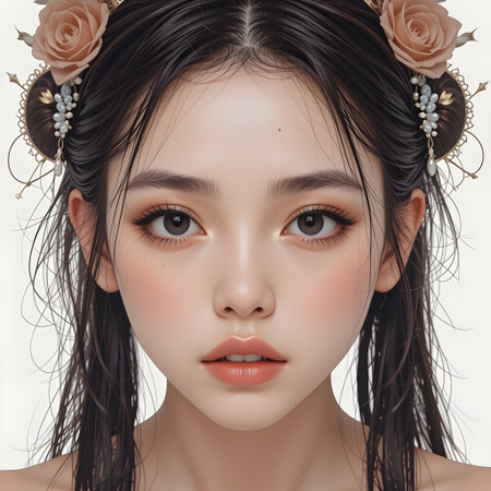 Portrait of young beautiful asian woman with clean fresh skin. Brunette girl with flowers in her hair.の素材