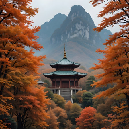 Beautiful autumn landscape with pagoda and pagoda in the mountainの素材
