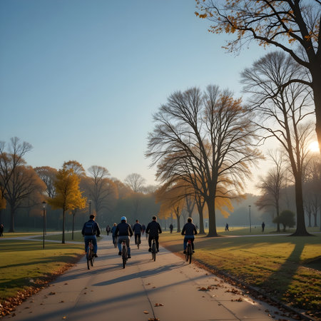 People walking in the park at sunrise. Beautiful autumn landscape with trees and peopleの素材