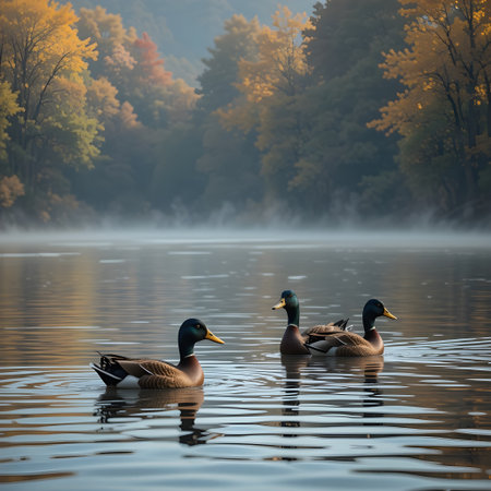 Mallard ducks swimming on a foggy lake in autumn.の素材