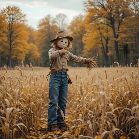 Young scarecrow in the wheat field. Halloween theme. Autumn.の素材