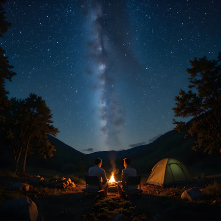 Couple sitting near campfire and looking at the milky way at nightの素材