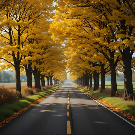 Autumn road with yellow trees and yellow leaves. 3d renderingの素材