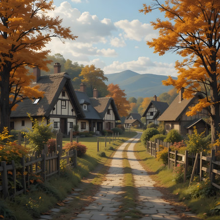 Autumn landscape with a road in the village. 3d renderの素材