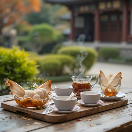 Coffee and cookies on wooden table in the garden, selective focusの素材