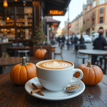 A cup of coffee in a cafe with pumpkins on the backgroundの素材