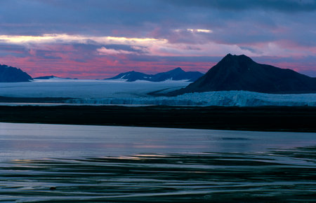 Sunset in Glacier Lagoon, Torres del Paine National Park, Chileの写真素材