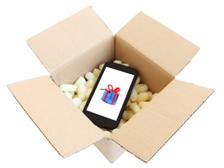 Shipping box with black smartphone with a gift box picture, isolated on white