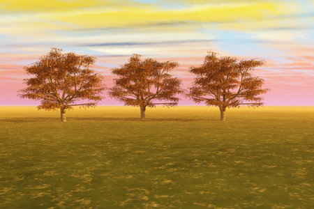 Line of maple trees in a meadow against a vibrant sky.