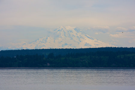 Beautiful bay area around coastal Washington area with Mt. Ranier.