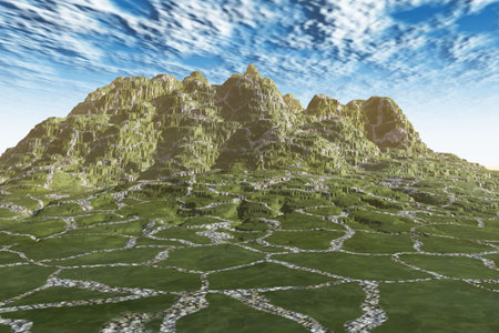 Stone paths leading to a mountain in a very green landscape.