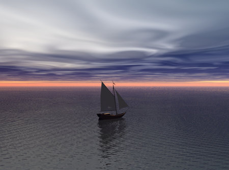 Sail boat sailing toward the sea's horizon.