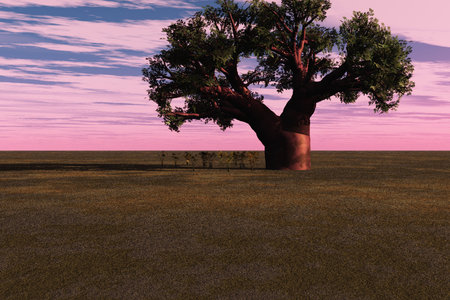Unique tree surrounded by a few papyrus plants in a meadow.