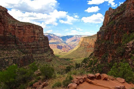 Hiking a trail in the Grand Canyon Arizona の写真素材