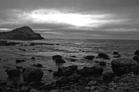 Black and White Landscape of Rocky Beach Shoreline, Atlantic Oceanの写真素材