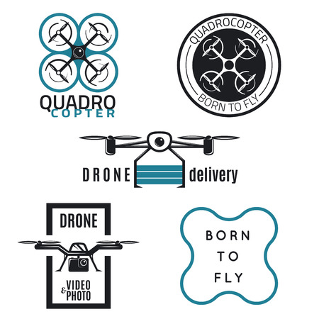 Vector set of drone labels, badges and design elements. Quadrocopter flying camera, flight clubs and delivery.のイラスト素材