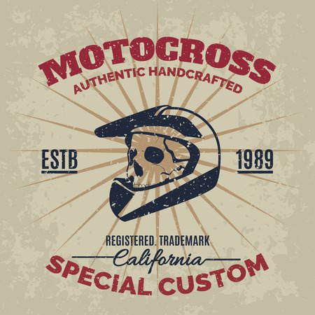 Vintage motocross helmet with skull for printing with grunge texture. Vector old school race poster. T-shirt printing design.のイラスト素材