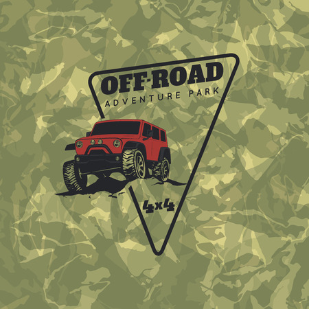 Classic off-road suv car emblem with green camouflage background. Rock crawler car, off-road suv adventure and car club design elements.のイラスト素材