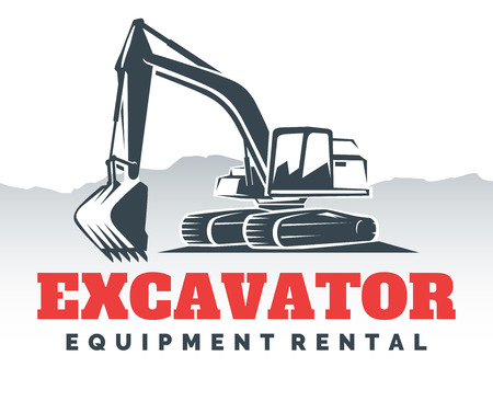 Set of excavator logos, emblems and badges isolated on white background. Constructing equipment design elements. Heavy excavator machine with shovel.のイラスト素材