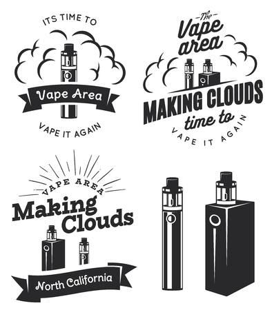 Set of vape, e-cigarette logo, emblems, and badges isolated on white background. Vector vintage illustration.のイラスト素材