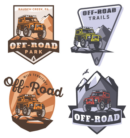 Set of off-road suv car monochrome logo, emblems and badges isolated on white background. Rock crawler car in mountains. Off-roading trip emblems, 4x4 extreme club emblems.のイラスト素材