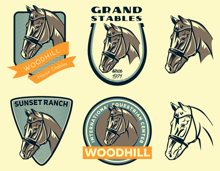Set of horse eqestrian center logo, badges and emblems isolated on white background. Horse stables or horse ranch design elements.のイラスト素材