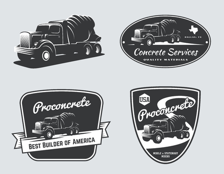 Set of vintage concrete mixer truckÂ and construction equipment logo, emblems and bages. Vector illustration.のイラスト素材