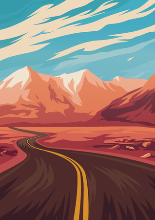Travel illustration with road in mountains. Vector illustration.のイラスト素材