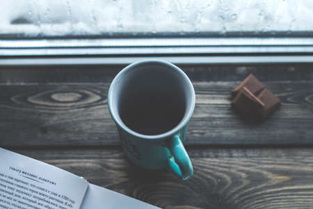 mug on a wooden backgroundの写真素材