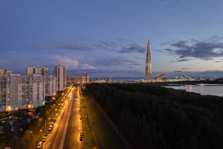 avenue park view of the skyscraper in the evening purple sunset lakhta center