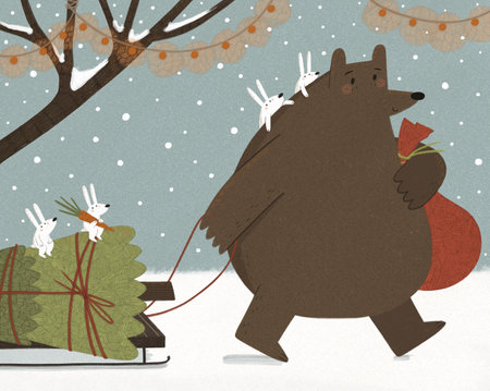 New year illustration a bear takes Christmas tree with little cute rabbitsの写真素材