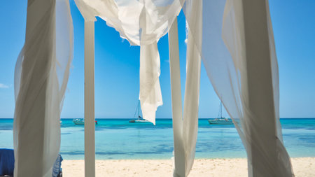 Beach vacation bed to lie on the shore of the beachの写真素材