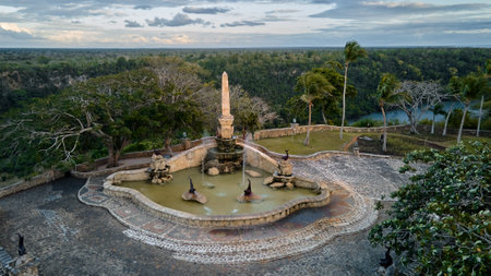 Aerial view of the ruins of an ancient fortress in the middle of a forestの写真素材