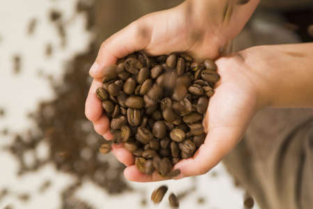 Motion blurred studio shot of coffee beans being poured into a child's handsの写真素材