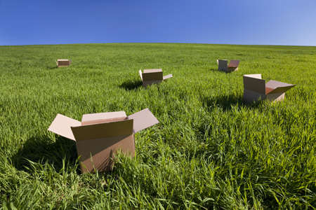 Thinking outside the box concept shot shot on location showing five empty boxes in a green field with a blue skyの写真素材