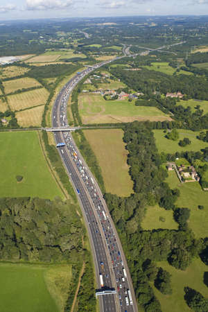 Helicopter aerial shot of traffic congestion on the M25 motorway around London, Englandの写真素材