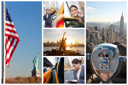 A montage of images showing lifefstyle of young woman or businesswoman in New York City, hailing a yellow Taxi cab, talking on cell phone, exercising and using tablet computerの写真素材