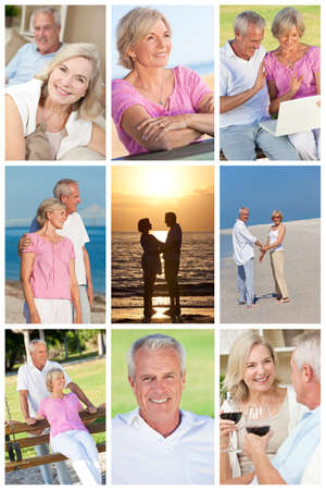 Happy retirement senior man and woman couple active romantic vacation together in summer sunshineの写真素材