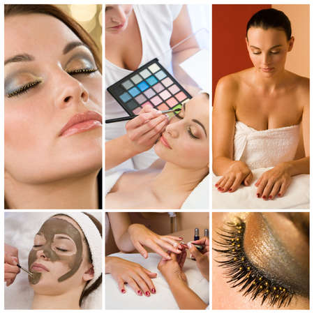 Montage of beautiful women relaxing at a health and beauty spa having their makeup and nails doneの写真素材