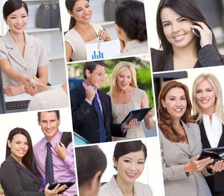 Montage of Interracial business group men & women, businessmen and businesswomen team outdoors and in an office using cell phones and tablet computersの写真素材