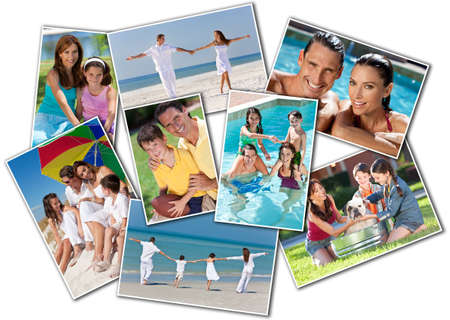 Montage happy family of mother, father and two children, son and daughter, running holding hands on a sunny beach, washing dog, swimming playing footballの写真素材
