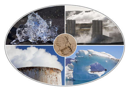 Environmental concept montage of a human carbon footprint and different environmental changes, icebergs and pollutionの写真素材