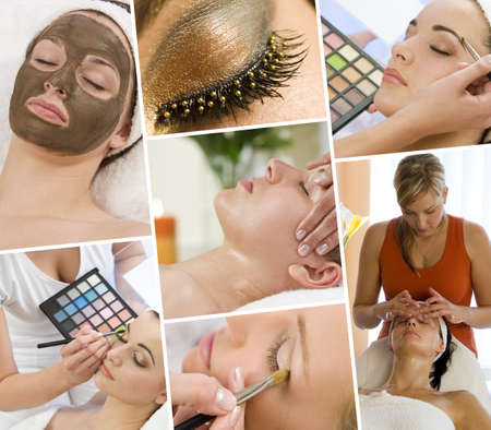 Montage of beautiful women relaxing at a health and beauty spa having massage treatments and their makeup applied by a beauticianの写真素材