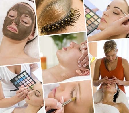 Montage of beautiful women relaxing at a health and beauty spa having massage treatments and their makeup applied by a beautician