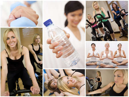 Healthy lifestyle montage of beautiful women, relaxing, working out, smiling and exercising together at a gymの写真素材