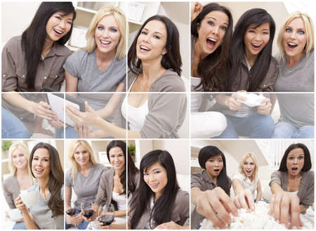 Three beautiful interracial young women friends at home having fun playing video games, drinking, eating popcorn and using a tablet computer together laughing and celebratingの写真素材